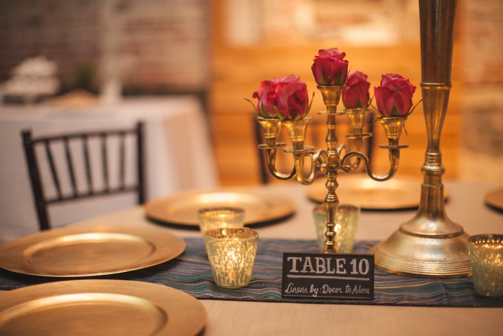 Gold Candelabras with blue accents at the Big Fake Wedding Birmingham