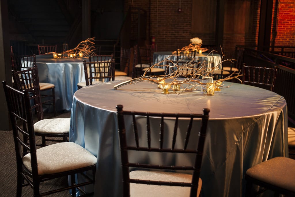 Light Blue Satin Linens and Gold Accents at Iron City Birmingham by David Bley